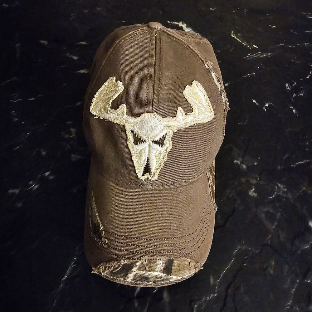 Buck Wear Mens Hat Hunting Camo Deer Distressed Strapback Cap Bone Hunter Signed